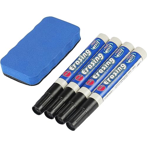 AMATHINGS Whiteboard Marker Whiteboard Stifte nachfüllbar – Whiteboard Stifte abwischbar 4 Stück in Schwarz mit runder 2mm Spitze – Markerstifte Set mit Whiteboard Schwamm in Blau von AMATHINGS