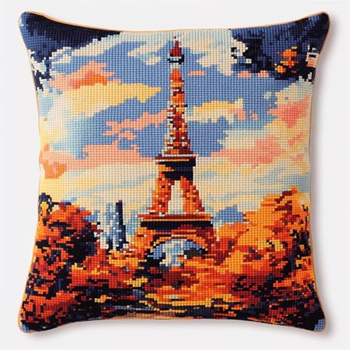 11CT Kissenbezug Zum Sticken Kreuzstich, hoch aufragender Eisenturm Stickset Kissenkreuzstichset Für Kissen Für Anfänger Zur Dekoration Von Wohnzimmer Und Schlafzimmer 45x45cm von AMBATTERY