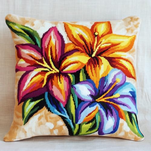 11CT Kreuzstich Kissen Set, Farbige Lilienblüten Stickkissen Mit Stickgarn 45X45cm Kreuzstichkissen Set zum Basteln Stickkissen Stickpackung mit Vorgedruckt Kreuzstichmotiv von AMBATTERY