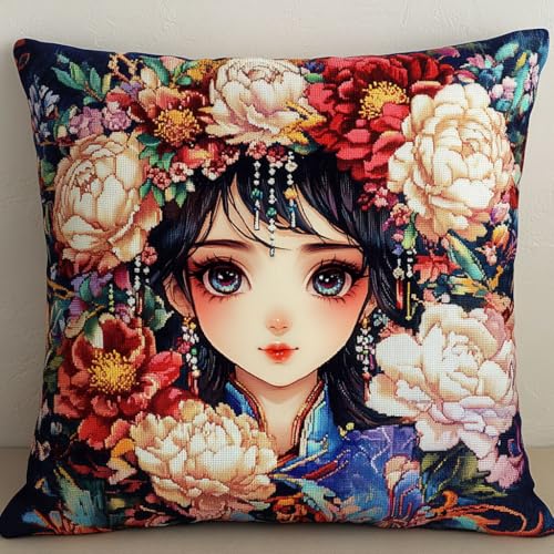 11CT Kreuzstich Kissen Vorgedruckt, Cartoon-Mädchen und Pfingstrosenblüten Stickkissen mit Muster 45X45cm Stickset für Kreuzstichkissen Kreuzstich Kissen zum Basteln Stickkissen Stickpackung 11CT Kreuzstich Kissen Vorgedruckt, Cartoon-Mädchen und Pfingstrosenblüten Stickkissen mit Muster 45X45cm Stickset für Kreuzstichkissen Kreuzstich Kissen zum Basteln Stickkissen Stickpackung von AMBATTERY