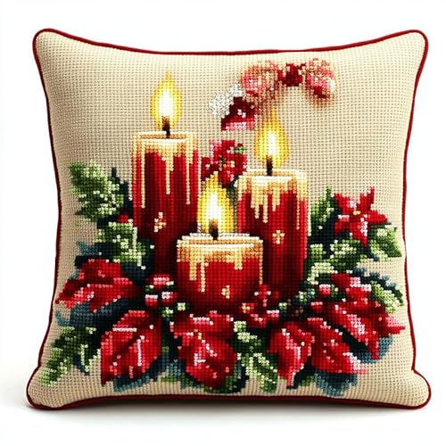 11CT Kreuzstich Kissen Vorgedruckt, Weihnachtskerzen Stickkissen mit Muster 45X45cm Stickset für Kreuzstichkissen Kreuzstich Kissen zum Basteln Stickkissen Stickpackung von AMBATTERY