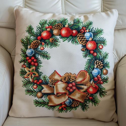 11CT Kreuzstich Kissen Vorgedruckt, Weihnachtskranz Stickkissen mit Muster 45X45cm Stickset für Kreuzstichkissen Kreuzstich Kissen zum Basteln Stickkissen Stickpackung 11CT Kreuzstich Kissen Vorgedruckt, Weihnachtskranz Stickkissen mit Muster 45X45cm Stickset für Kreuzstichkissen Kreuzstich Kissen zum Basteln Stickkissen Stickpackung von AMBATTERY