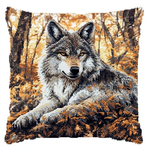 AMBATTERY 11CT Kreuzstich Kissen Set, Tier Wolf Stickkissen Mit Stickgarn 45X45cm Kreuzstichkissen Set zum Basteln Stickkissen Stickpackung mit Vorgedruckt Kreuzstichmotiv AMBATTERY 11CT Kreuzstich Kissen Set, Tier Wolf Stickkissen Mit Stickgarn 45X45cm Kreuzstichkissen Set zum Basteln Stickkissen Stickpackung mit Vorgedruckt Kreuzstichmotiv von AMBATTERY