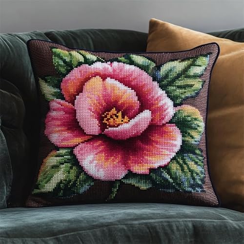 AMBATTERY 11CT Kreuzstich Kissen Set, blühende Blumen Stickkissen Mit Stickgarn 45X45cm Kreuzstichkissen Set zum Basteln Stickkissen Stickpackung mit Vorgedruckt Kreuzstichmotiv von AMBATTERY
