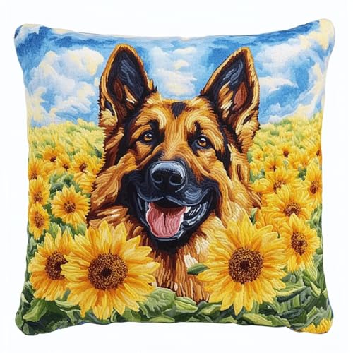 AMBATTERY 11CT Kreuzstich Kissen Set Vorgedruckt, Hund in den Blumen Bedrucktes Leinwand-Kissen-Stickset, Kissenbezug Zum Sticken Kreuzstich, Stickkissen Set 45x45cm von AMBATTERY