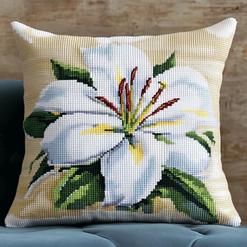 AMBATTERY 11CT Kreuzstich Kissen Vorgedruckt, Weiße Blumen Stickkissen mit Muster 45X45cm Stickset für Kreuzstichkissen Kreuzstich Kissen zum Basteln Stickkissen Stickpackung von AMBATTERY