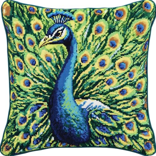 AMBATTERY 11CT Sticken Set Kreuzstich Kissen, Cartoon-Pfau Kreuzstich Kissen Vorgedruckt,Diy Stickkissen,Handstickerei Kissenbezug Set Stickset Kissenbezug 45x45cm von AMBATTERY