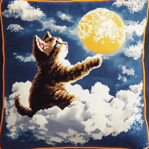 AMBATTERY Kissenbezug Zum Sticken Kreuzstich, Cartoon Mond und Katze Handarbeits Kissenbezüge 45X45cm Stitch Kissenbezug Stickset Kreuzstich Kissen zum Basteln Stickkissen Stickpackung von AMBATTERY