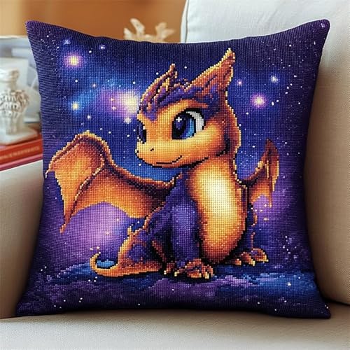 AMBATTERY Kissenbezug Zum Sticken Kreuzstich, tierischer Drache Handarbeits Kissenbezüge 45X45cm Stitch Kissenbezug Stickset Kreuzstich Kissen zum Basteln Stickkissen Stickpackung von AMBATTERY