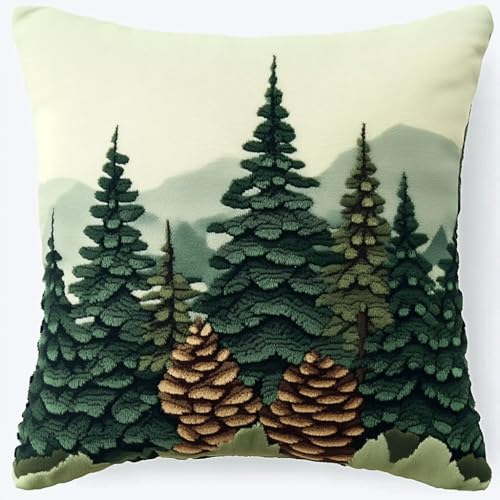 AMBATTERY Kreuzstich Kissen Set Vorgedruckt, Grüne Bäume Kreuzstichkissen Zum Dekorieren 45X45cm Stickkissen Zum Selbersticken Kreuzstich Set Vorgedruckt Kissenbezug von AMBATTERY