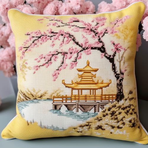 AMBATTERY Kreuzstich Kissen Set Vorgedruckt, Rosa Blumenbaum und Pavillon Stickkissen mit Muster 45X45cm Kreuzstich Kissen zum Basteln Stickkissen kissenbezug zum besticken kreuzstich von AMBATTERY