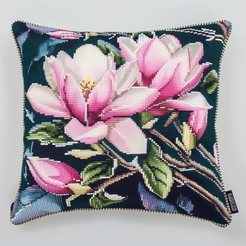 AMBATTERY Kreuzstich Kissen Set Vorgedruckt, Rosa Magnolienblüte Handstickerei Nähkissenbezug 45X45cm Stickpackung Stickset Kreuzstich Kissen zum Basteln Stickkissen Stickpackung AMBATTERY Kreuzstich Kissen Set Vorgedruckt, Rosa Magnolienblüte Handstickerei Nähkissenbezug 45X45cm Stickpackung Stickset Kreuzstich Kissen zum Basteln Stickkissen Stickpackung von AMBATTERY