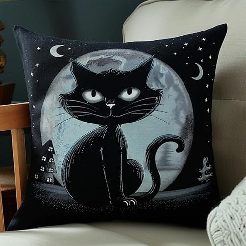 AMBATTERY Kreuzstich Kissen Vorgedruckt, Tierische schwarze Katze und Mond Kreuzstichkissen Zum Dekorieren für Anfänger Handstickerei Nähkissenbezug DIY Kissenbezug Zum Sticken Kreuzstich von AMBATTERY