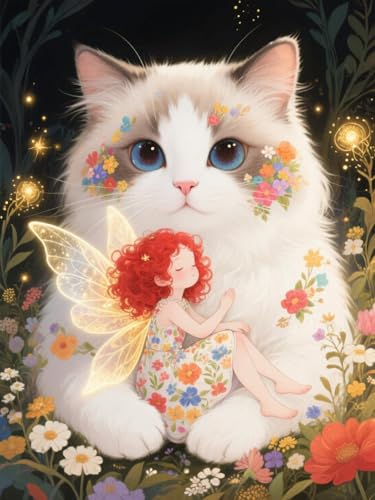 AMBATTERY Kreuzstich Set, Fantasiemädchen und Tierkatze Stickbilder Vorgedruckt Kreuzstich DIY Stickerei Starter Kit Sticken Nadelarbeit Set 40x50cm von AMBATTERY