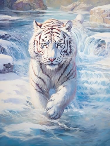 AMBATTERY Kreuzstich-Set, Weißer Tiger in Eis und Schnee,J,50 * 70cm vollständige Palette von Stickmustern, Starter-Sets für Anfänger, Erwachsene, DIY-Kreuzstich-Set, 11CT von AMBATTERY