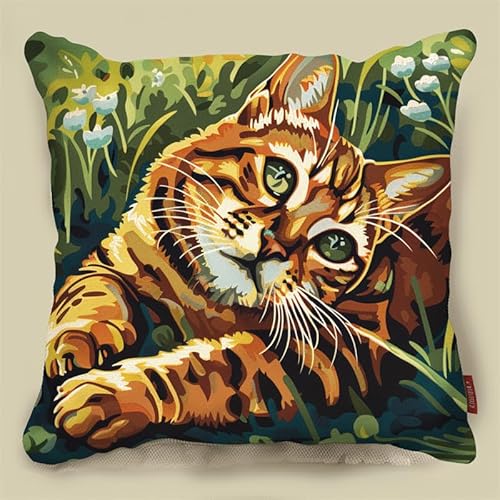 AMBATTERY Kreuzstich Set Vorgedruckt Kissenbezug, Tier Katze Stickkissen mit Muster 45X45cm Handstickerei Kissenbezug Set Kreuzstich Kissen zum Stickkissen Stickpackung von AMBATTERY