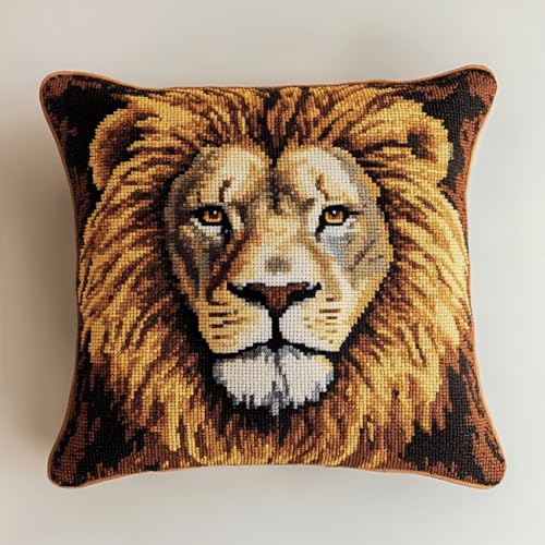 AMBATTERY Kreuzstich Set Vorgedruckt Kissenbezug, Tier Löwe Stickkissen mit Muster 45X45cm Handstickerei Kissenbezug Set Kreuzstich Kissen zum Stickkissen Stickpackung von AMBATTERY