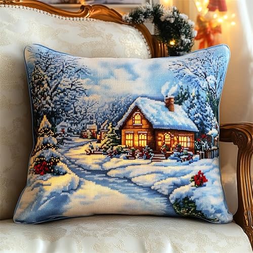 AMBATTERY Kreuzstich Set Vorgedruckt Kissenbezug, Winterhütte Stickkissen mit Muster 45X45cm Handstickerei Kissenbezug Set Kreuzstich Kissen zum Stickkissen Stickpackung AMBATTERY Kreuzstich Set Vorgedruckt Kissenbezug, Winterhütte Stickkissen mit Muster 45X45cm Handstickerei Kissenbezug Set Kreuzstich Kissen zum Stickkissen Stickpackung von AMBATTERY