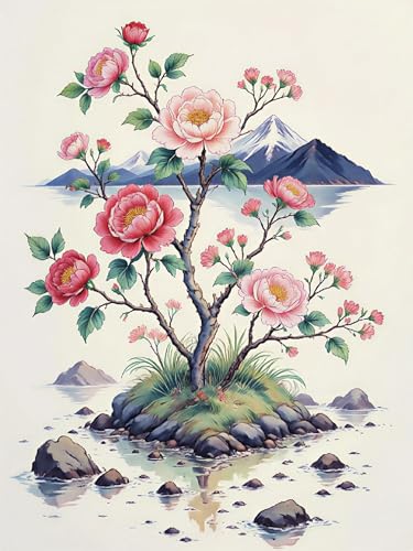 AMBATTERY Stickbilder Vorgedruckt Kreuzstich Blühende Blumen Stickerei Kreuzstich Kit Set Vorgedruckte Stickerei Starter Kits 40x50cm von AMBATTERY