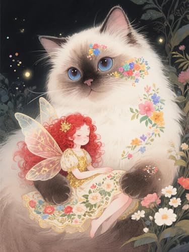 AMBATTERY Stickbilder Vorgedruckt Kreuzstich Cartoon Mädchen Blumen und Katze Stickerei Kreuzstich Kit Set Vorgedruckte Stickerei Starter Kits 40x50cm von AMBATTERY