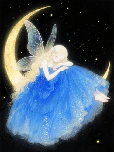 AMBATTERY Stickbilder Vorgedruckt Kreuzstich Fantasy-Mädchen und der Mond Stickerei Kreuzstich Kit Set Vorgedruckte Stickerei Starter Kits 40x50cm von AMBATTERY