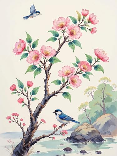 AMBATTERY Stickbilder Vorgedruckt Kreuzstich Rosa Blumen und Tiervögel Stickerei Kreuzstich Kit Set Vorgedruckte Stickerei Starter Kits 40x50cm von AMBATTERY