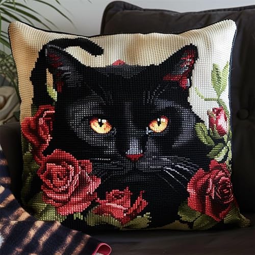 AMBATTERY Stickset Kreuzstich Kissen Set, Tiere schwarze Katze und Blumen Kreuzstich Set Vorgedruckt Kissenbezug DIY Kissenbezug Zum Sticken Kreuzstich Kreuzstichkissen Zum Dekorieren 45 * 45cm von AMBATTERY