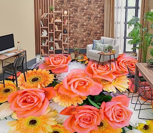 Badezimmerbodenaufkleber Wasserdicht 3D-Bodentapeten mit rosa Rosen, 150 x 105 cm Bodenfliesen Aufkleber Wohnzimmer Studie Wasserdicht Bodenbelag Tapete, Epoxidharz von AMBATTERY