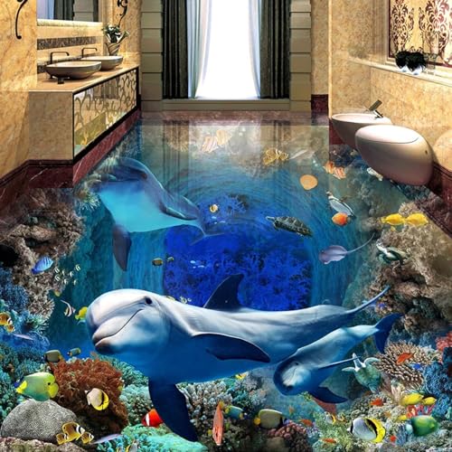 Boden Wandaufkleber Abnehmbare Wandtattoos Unterwasserwelt-Delfin-3D-Bodenmalerei-Wandtapete, 250 x 175 cm Selbstklebend Abnehmbarer Küchenbadboden Boden, Epoxidharz von AMBATTERY