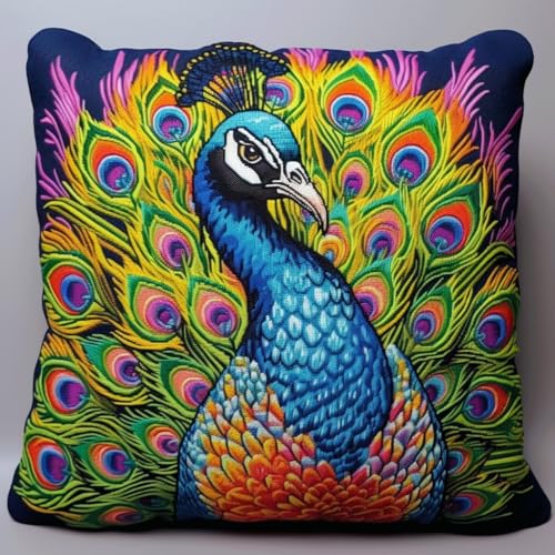 DIY Kreuzstichkissen, Tierischer blauer Pfau Stickkissen mit Muster 45X45cm Stickset Kreuzstich Kissen zum Basteln Stickkissen Stickpackung mit Vorgedruckt Kreuzstichmotiv von AMBATTERY