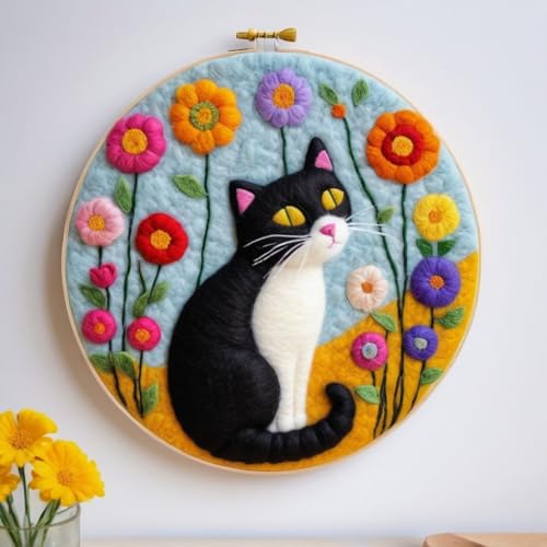 Filzen Starterset Cartoon-Katze Und Blumen Wollfilz-Starter-Set，Diy-Bastelarbeiten Für Erwachsene，Nadelfilz-Zubehör-Sets Mit Werkzeug，Handarbeitsset 20x20cm von AMBATTERY