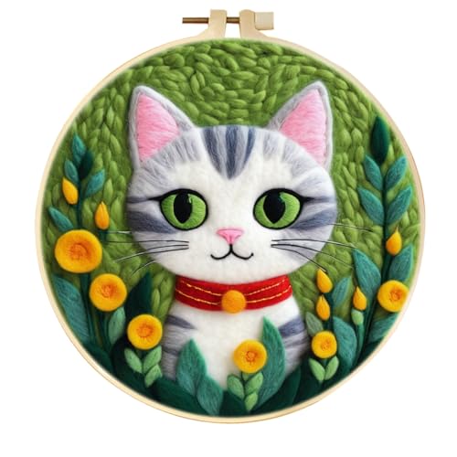 Filzen Starterset Cartoon-Katze Und Blumen Wollfilz-Starter-Set，Filzmalerei Anfänger-Sets Mit Bilderrahmen，Schaumstoffunterlage Und Anleitung 20x20cm von AMBATTERY