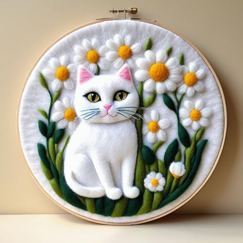 Filzen Starterset Cartoon-Katze Und Blumen Wollfilz-Starter-Set，Filzmalerei Anfänger-Sets Mit Bilderrahmen，Schaumstoffunterlage Und Anleitung 20x20cm von AMBATTERY