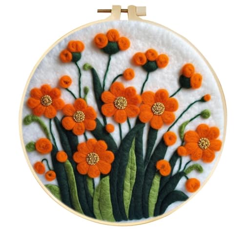 Filzen Starterset Fantasie-Cartoon-Orangenblume Wollfilz-Starter-Set，Filzmalerei Anfänger-Sets Mit Bilderrahmen，Schaumstoffunterlage Und Anleitung 20x20cm von AMBATTERY