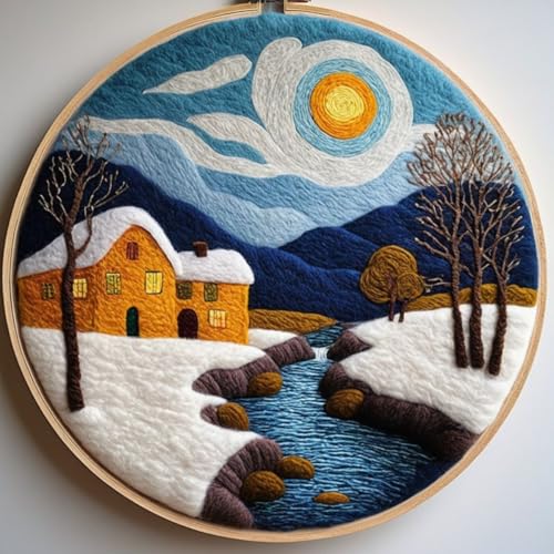 Filzen Starterset Schneehauslandschaft Wollfilz-Starter-Set，Filzmalerei Anfänger-Sets Mit Bilderrahmen，Schaumstoffunterlage Und Anleitung 20x20cm von AMBATTERY