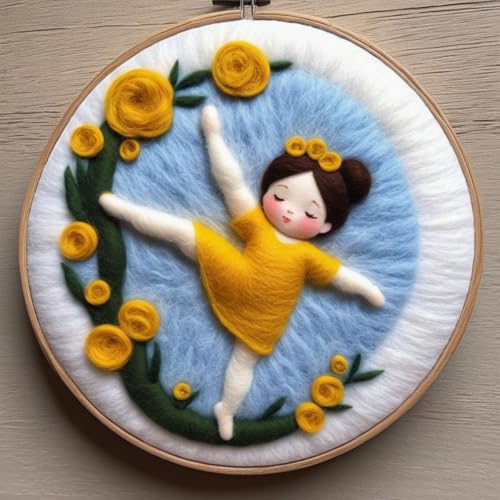 Filzen Starterset Tanzendes Mädchen Und Blumen Diy-Nadelfilz-Starter-Set Aus Wolle，Nadelfilzs-Kits Mit Schaumstoffunterlage，Anleitung，Für Die Heimdekoration 20x20cm von AMBATTERY