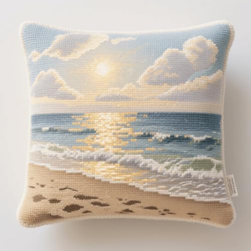 Kissenbezug Zum Besticken Kreuzstich, Strandlandschaft Stickkissen mit Muster 45X45cm Stickpackung Stickset Kreuzstich Kissen zum Basteln Stickkissen Stickpackung von AMBATTERY