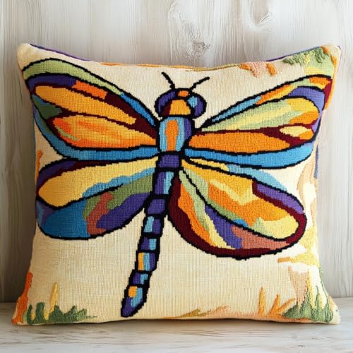 Kissenbezug Zum Besticken Kreuzstich, Tierische schöne Libelle Stickkissen mit Muster 45X45cm Stickpackung Stickset Kreuzstich Kissen zum Basteln Stickkissen Stickpackung von AMBATTERY