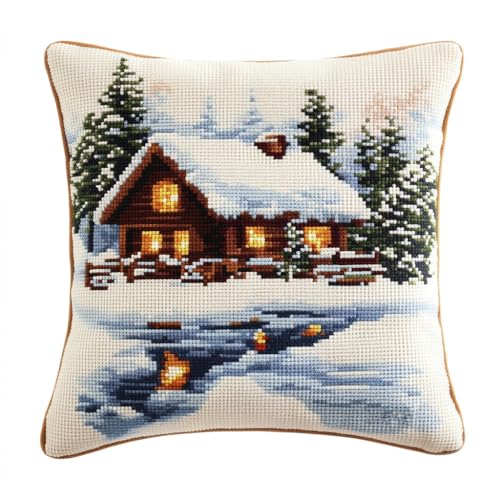 Kissenbezug Zum Sticken Kreuzstich, Schneehütte Handarbeits Kissenbezüge 45X45cm Stitch Kissenbezug Stickset Kreuzstich Kissen zum Basteln Stickkissen Stickpackung von AMBATTERY