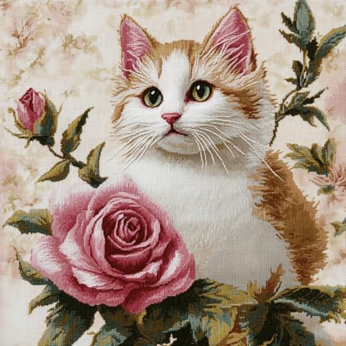Kreuzstich Kissen Set Vorgedruckt, Tiere, Katzen und Blumen Kissenbezug Zum Sticken Kreuzstich 45X45cm Handstickerei Nähkissenbezug Diy Handarbeit Kissen Kreuzstichkissen Set von AMBATTERY