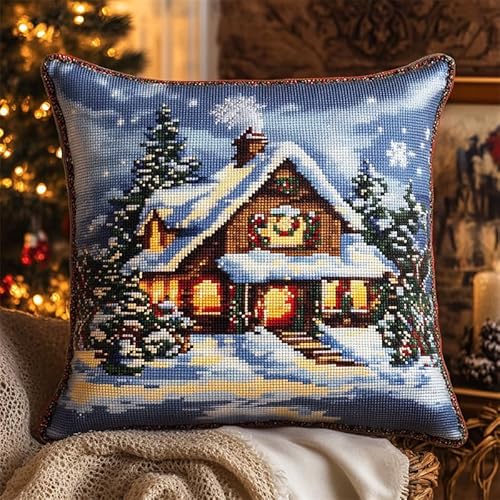 Kreuzstich Kissen Set Vorgedruckt, Winterhütte Stickkissen mit Muster 45X45cm Kreuzstich Kissen zum Basteln Stickkissen kissenbezug zum besticken kreuzstich von AMBATTERY