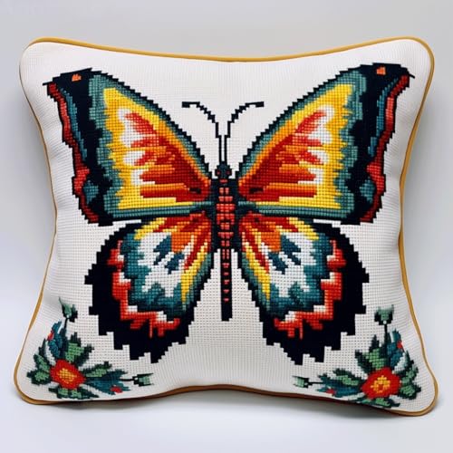 Kreuzstich Kissen Set Vorgedruckt, tierischer schöner Schmetterling Kissenbezug Zum Sticken Kreuzstich 45X45cm Handstickerei Nähkissenbezug Diy Handarbeit Kissen Kreuzstichkissen Set von AMBATTERY