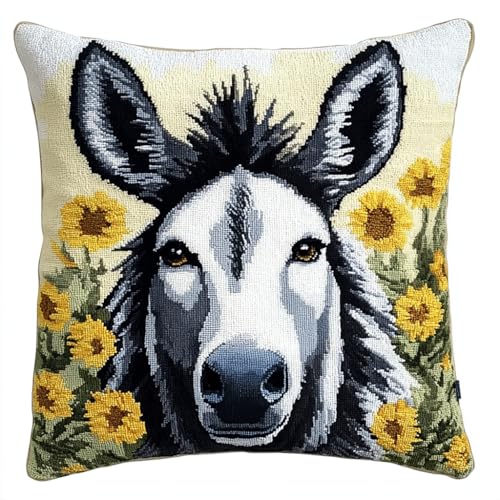 Kreuzstich Kissen Vorgedruckt, Tier Esel und Blumen Stickkissen mit Muster 45X45cm Kreuzstichkissen Zum Dekorieren Kissenbezug Zum Besticken Kreuzstich Diy Handarbeit Kissen Set von AMBATTERY