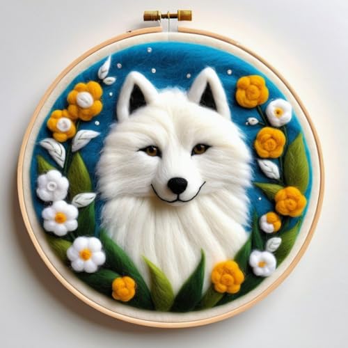 Nadelfilz Set Cartoon Weißer Wolf Und Blumen Nadelfilz-Set Für Anfänger Und Erwachsene，Diy-Wollmalerei，Filz-Bastelsets Für Die Heimdekoration 20x20cm von AMBATTERY