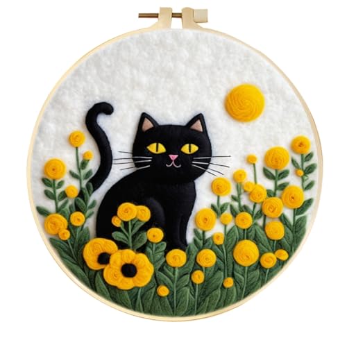 Nadelfilzen Set Cartoon-Katze Und Blumen Diy-Nadelfilzset Aus Gefilzter Wolle，Runder Rahmen，Feine Nadeln，Schaumstoffunterlage，Bedienungsanleitung 20x20cm von AMBATTERY