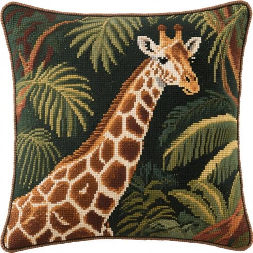Stickset DIY Kissen Kit, Tier Giraffe und Blätter Kissenbezug Zum Besticken Kreuzstich für Anfänger, Kreuzstich Kissen Set Vorgedruckt Kissenbezug Zum Sticken Kreuzstich von AMBATTERY