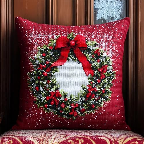 Stickset DIY Kissen Kit, Weihnachtskranz Kissenbezug Zum Besticken Kreuzstich für Anfänger, Kreuzstich Kissen Set Vorgedruckt Kissenbezug Zum Sticken Kreuzstich Stickset DIY Kissen Kit, Weihnachtskranz Kissenbezug Zum Besticken Kreuzstich für Anfänger, Kreuzstich Kissen Set Vorgedruckt Kissenbezug Zum Sticken Kreuzstich von AMBATTERY