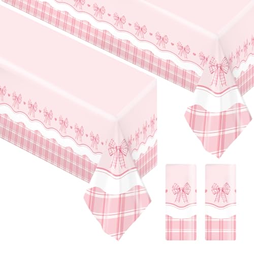 AMCAMI 2 Packungen rosa Schleifen-Geburtstagsdekorationen, rosa Geburtstagstischdecken-Set mit koketten Schleifen-Akzenten von AMCAMI