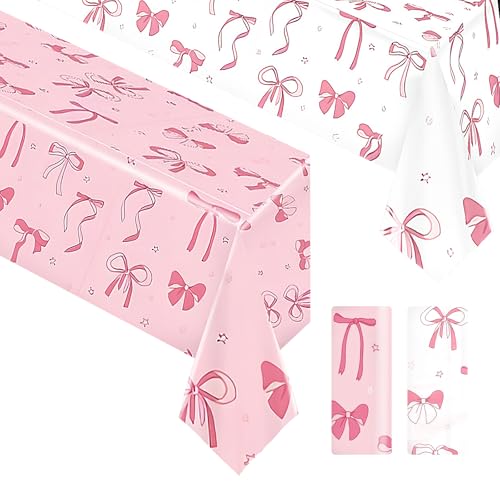 AMCAMI 2 Packungen rosa und weiße Schleifen-Geburtstagsdekorationen, rosa Geburtstagstischdecken-Set mit koketten Schleifen-Akzenten von AMCAMI