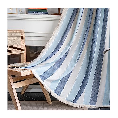 AMDXD Blau Wohnzimmer Vorhang Fenster mit Ösen, Streifen Weiß Bart Gardine Blickdicht Vintage Baumwolle, 132x160CM(BxH) von AMDXD